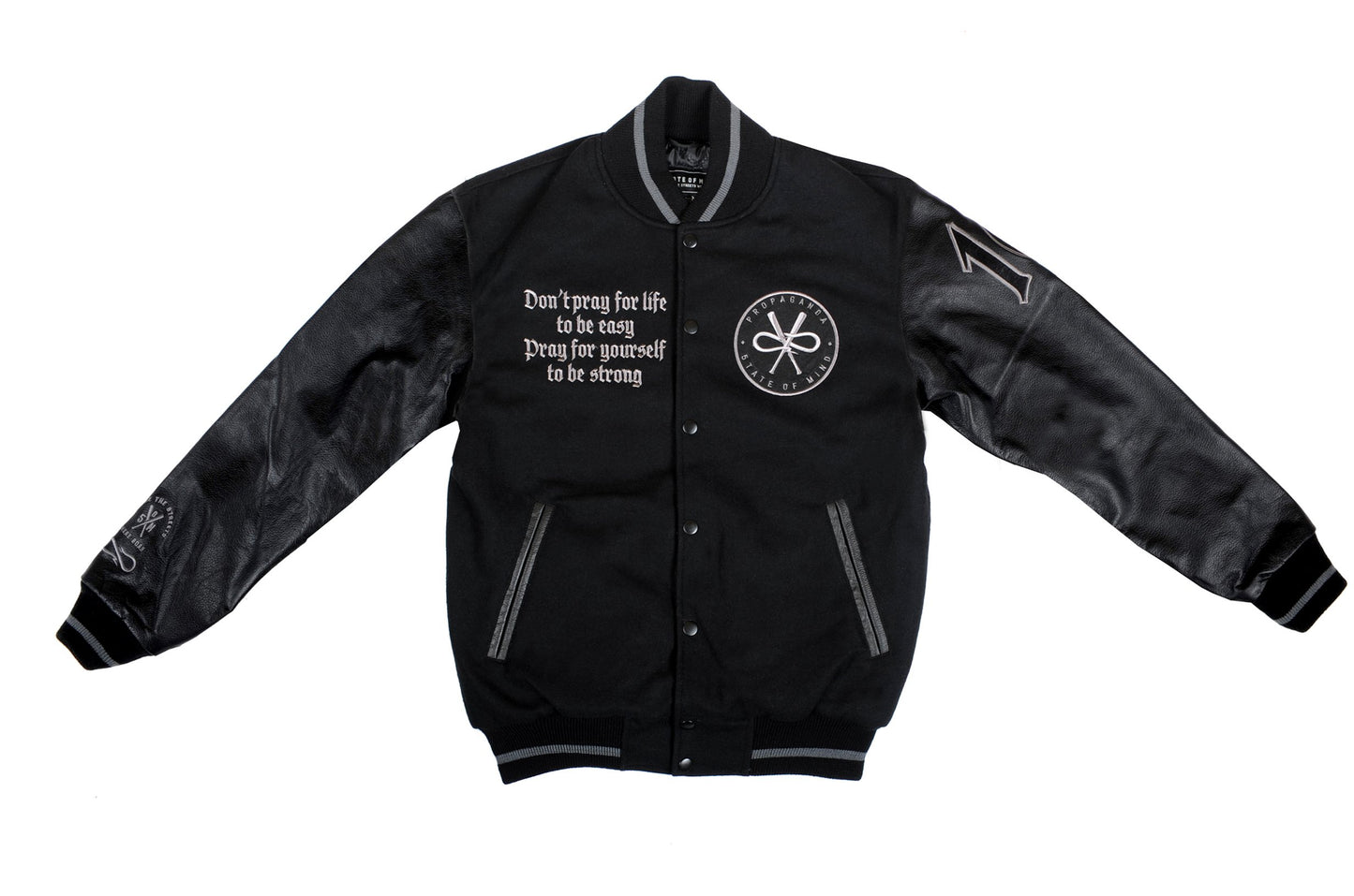 "5OMxPROPAGANDA 10 Years/All Black" <br /> varsity jacket