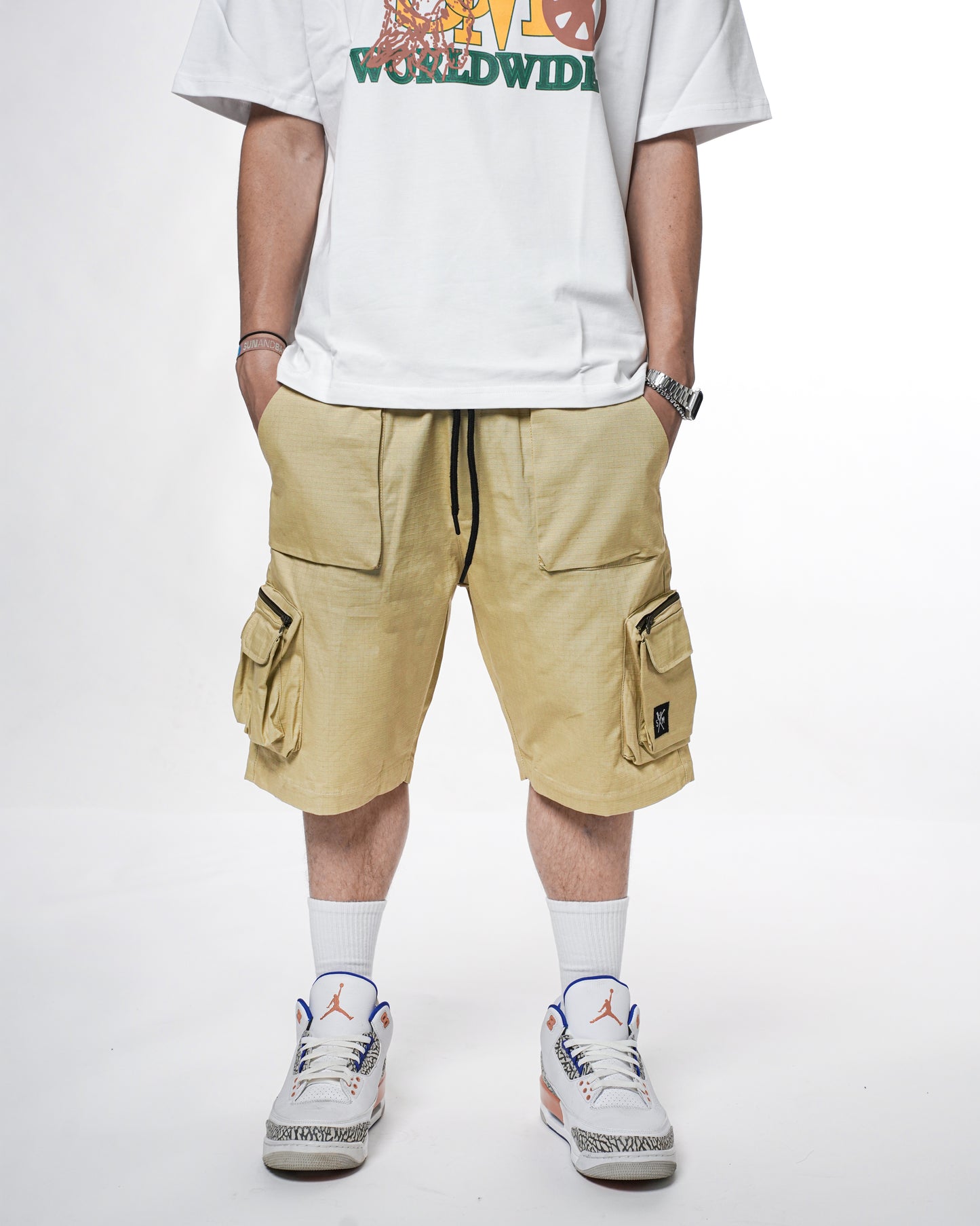 "RETROFUTURE" sand ripstop cargo shorts